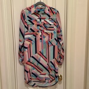 Tori Richard Geometric Shirt Dress Roll Tab Sleeves Sz 0 100% Silk Beach Resort
